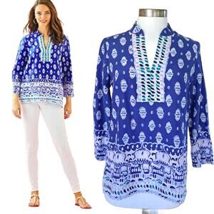 Lilly Pulitzer Silk Blend Asani Tunic Top Lapis Lazuli Glow Up Engineered Print